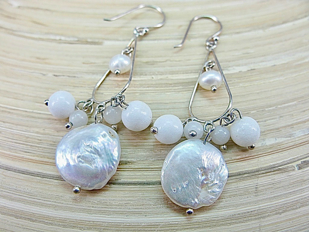 Coin Pearl White Agate Chandelier 925 Sterling Silver Earrings