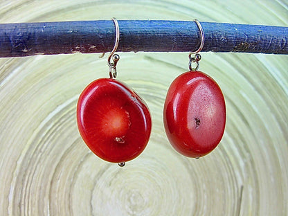 Large Red Coral Dangle 925 Sterling Silver Earrings