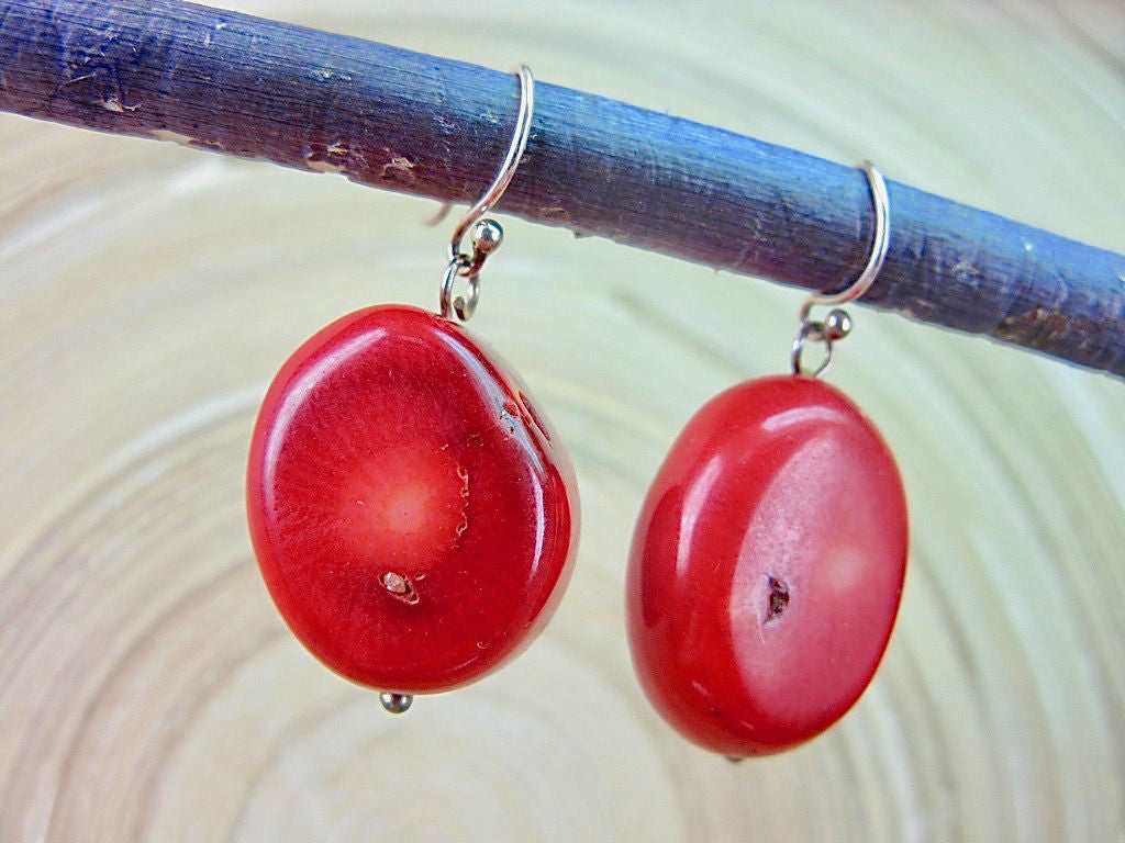 Large Red Coral Dangle 925 Sterling Silver Earrings