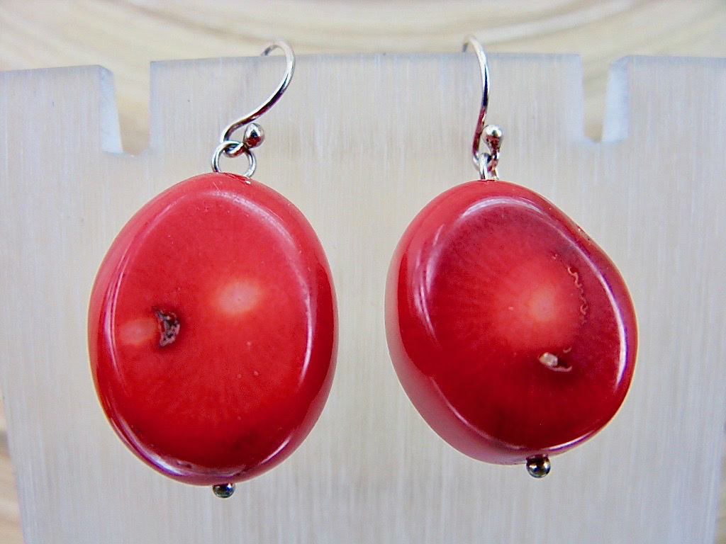 Large Red Coral Dangle 925 Sterling Silver Earrings