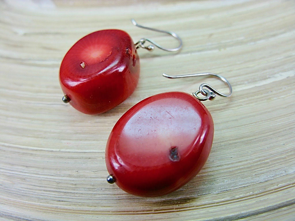 Large Red Coral Dangle 925 Sterling Silver Earrings