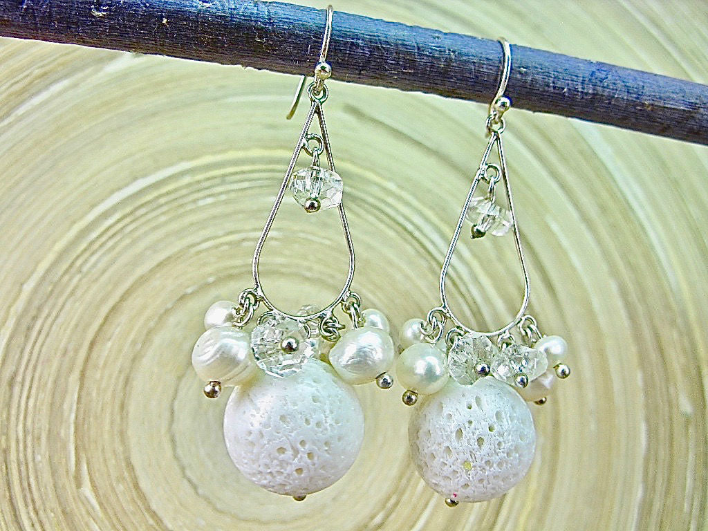 White Lava Stone Pearl Chandelier 925 Sterling Silver Earrings