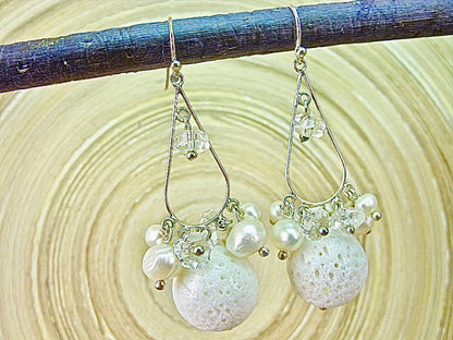 White Lava Stone Pearl Chandelier 925 Sterling Silver Earrings