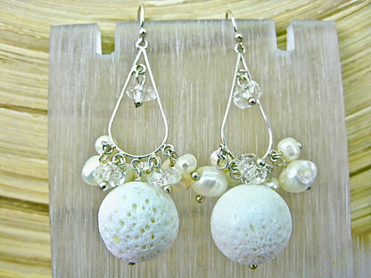 White Lava Stone Pearl Chandelier 925 Sterling Silver Earrings