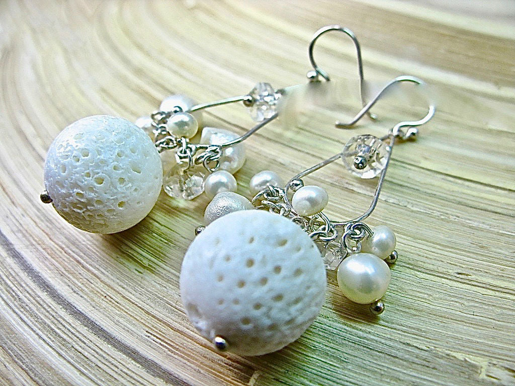 White Lava Stone Pearl Chandelier 925 Sterling Silver Earrings