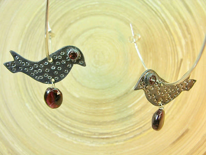 Bird Garnet Hammered Oxidized 925 Sterling Silver Hoop Earrings