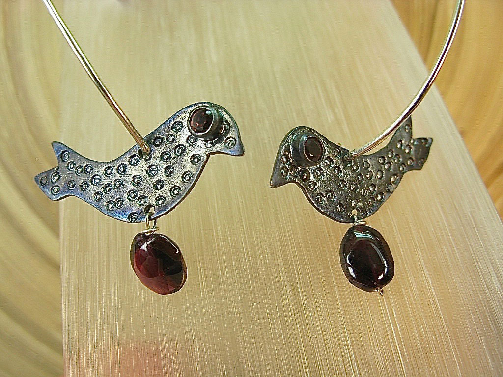 Bird Garnet Hammered Oxidized 925 Sterling Silver Hoop Earrings