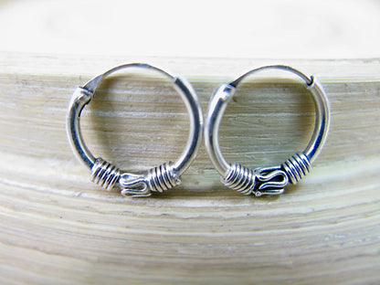 12mm Balinese Oxidized Hoop Earrings in 925 Sterling Silver