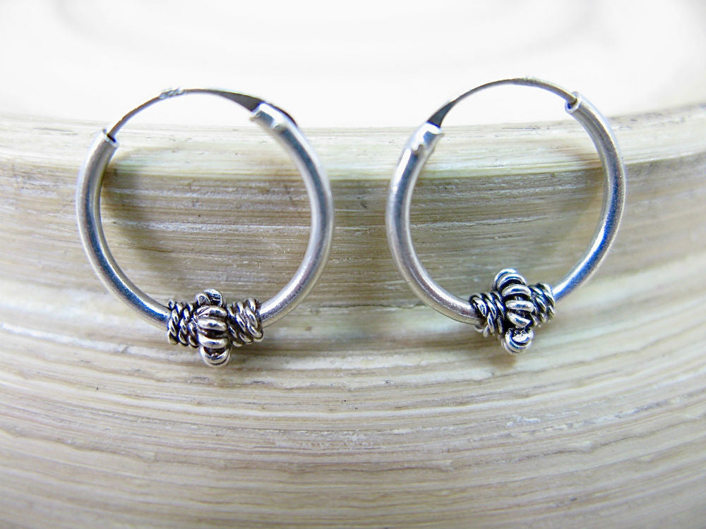 Balinese 14mm Round Oxidized 925 Sterling Silver Hoop Earrings