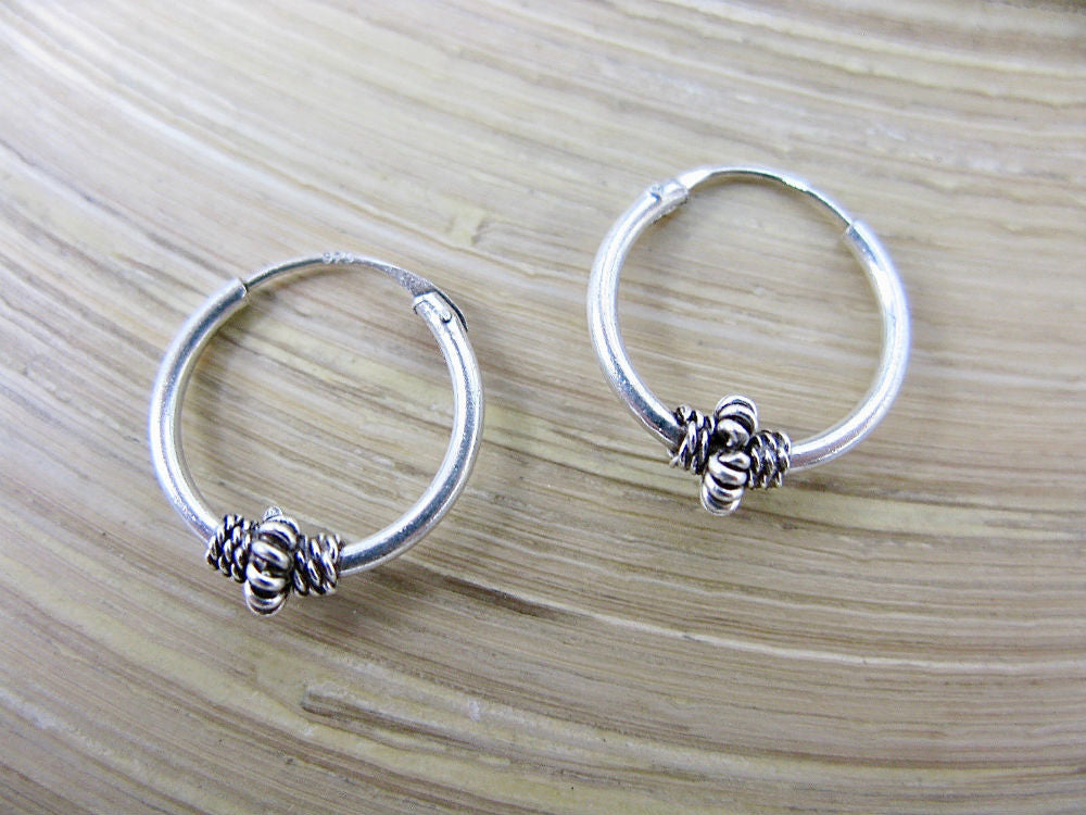 Balinese 14mm Round Oxidized 925 Sterling Silver Hoop Earrings