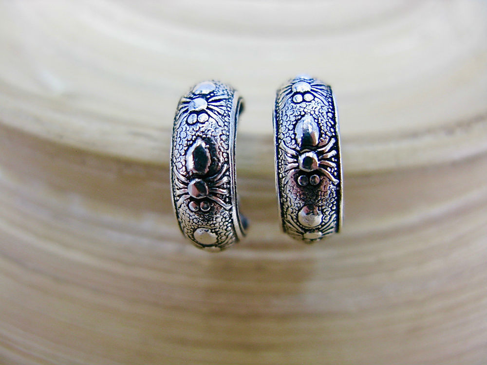 Balinese Engraved Spider Oxidized 15mm Hoop Earrings in 925 Sterling Silver