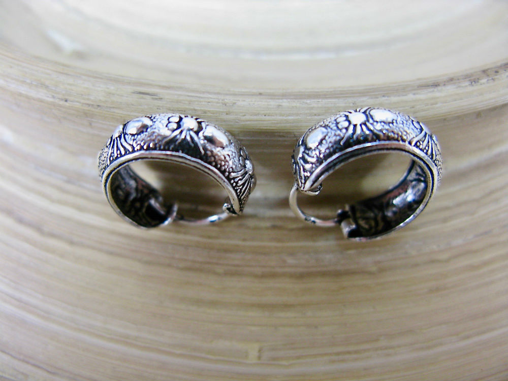 Balinese Engraved Spider Oxidized 15mm Hoop Earrings in 925 Sterling Silver