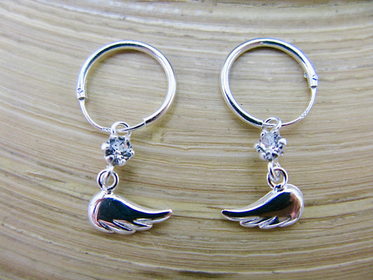 Wing with Crystal 925 Sterling Silver Hoop Earrings