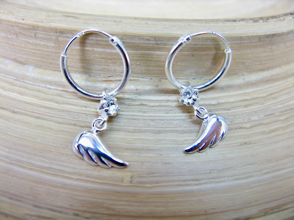 Wing with Crystal 925 Sterling Silver Hoop Earrings
