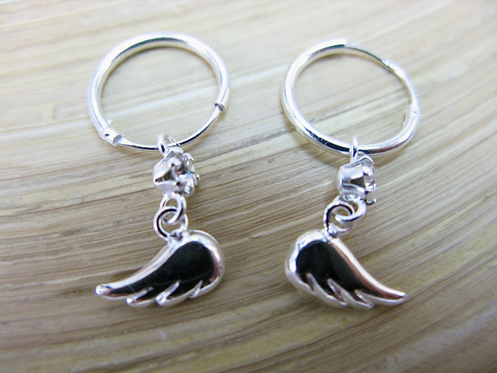 Wing with Crystal 925 Sterling Silver Hoop Earrings