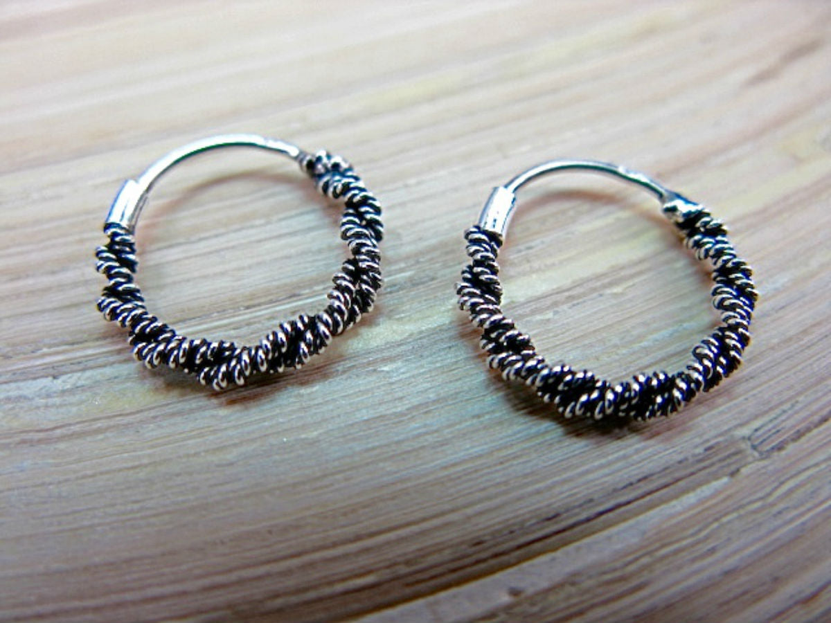 14mm Balinese Bead 925 Sterling Silver Hoop Earrings