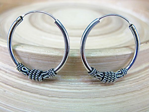 25mm Round Balinese 925 Sterling Silver Oxidized Hoop Earrings