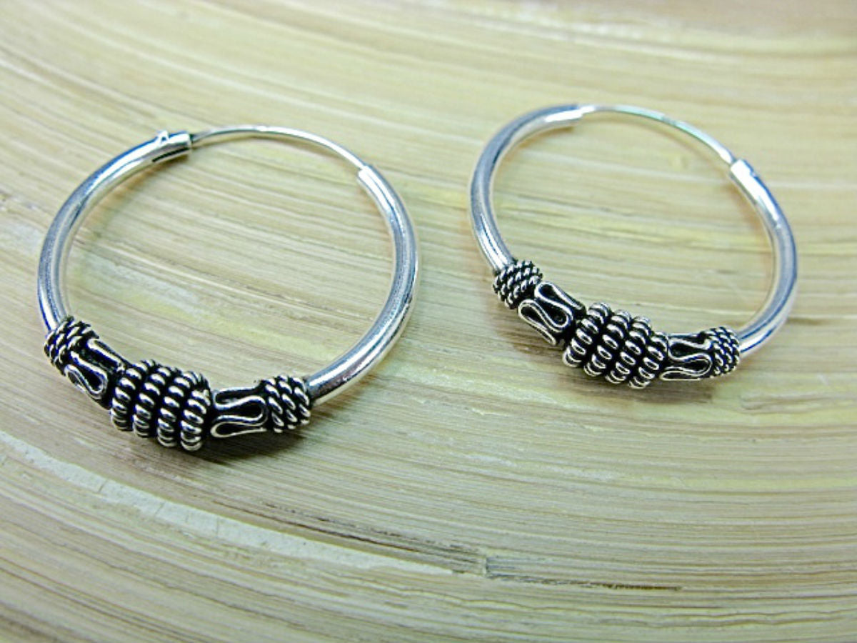 25mm Round Balinese 925 Sterling Silver Oxidized Hoop Earrings