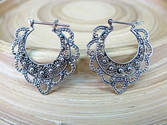 Balinese Bead Oxidized Ear Hoop 925 Sterling Silver Earrings