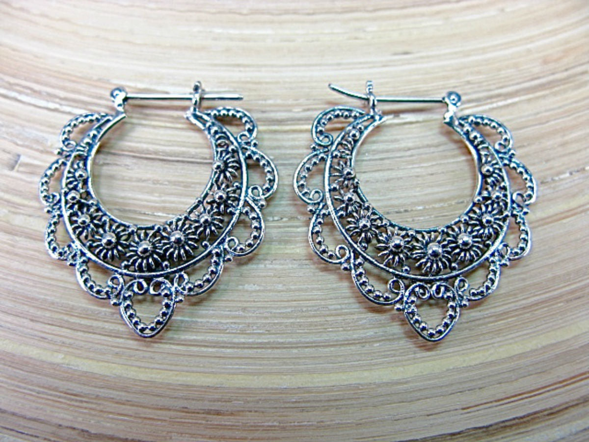 Balinese Bead Oxidized Ear Hoop 925 Sterling Silver Earrings