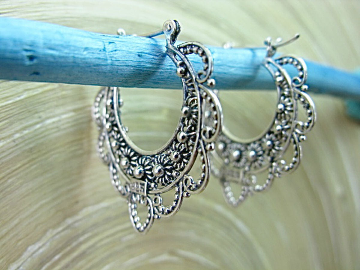 Balinese Bead Oxidized Ear Hoop 925 Sterling Silver Earrings