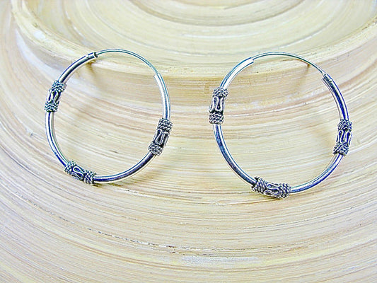 35mm Round Balinese 925 Sterling Silver Oxidized Hoop Earrings