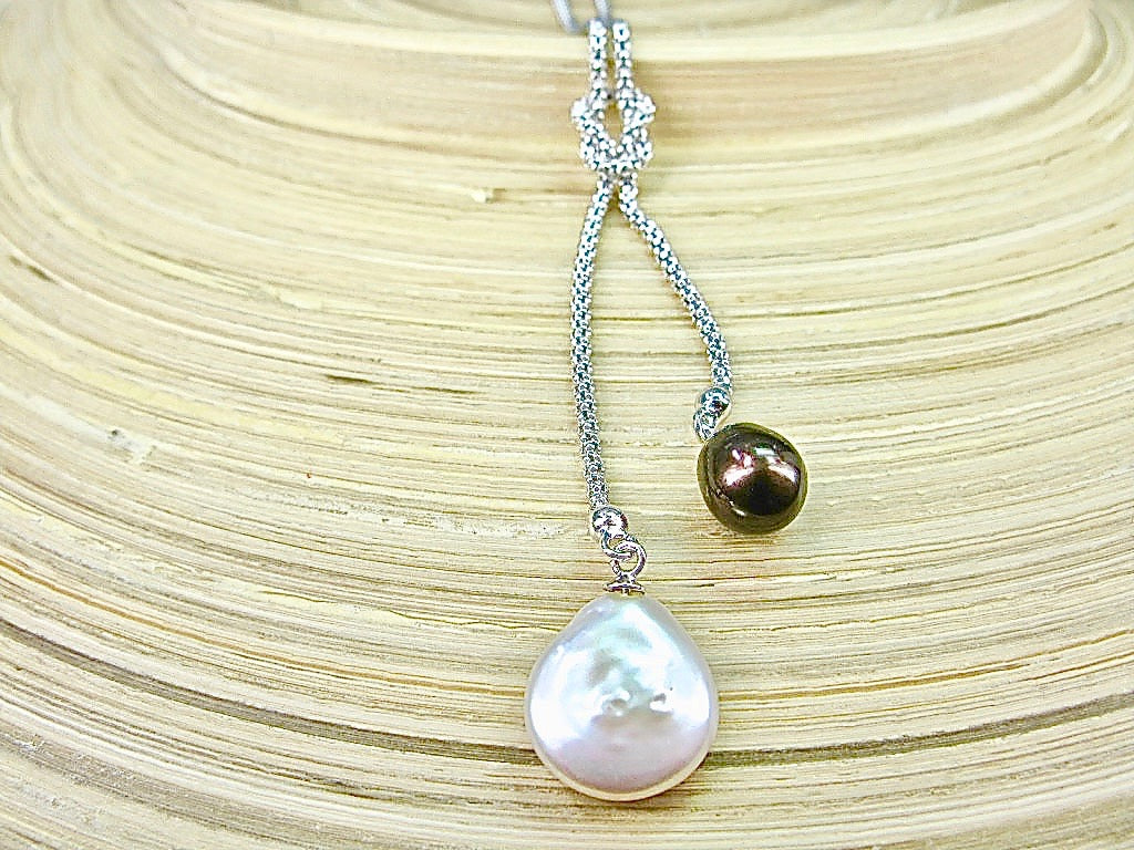 White & Chocolate Pearl Knot 925 Sterling Silver Necklace