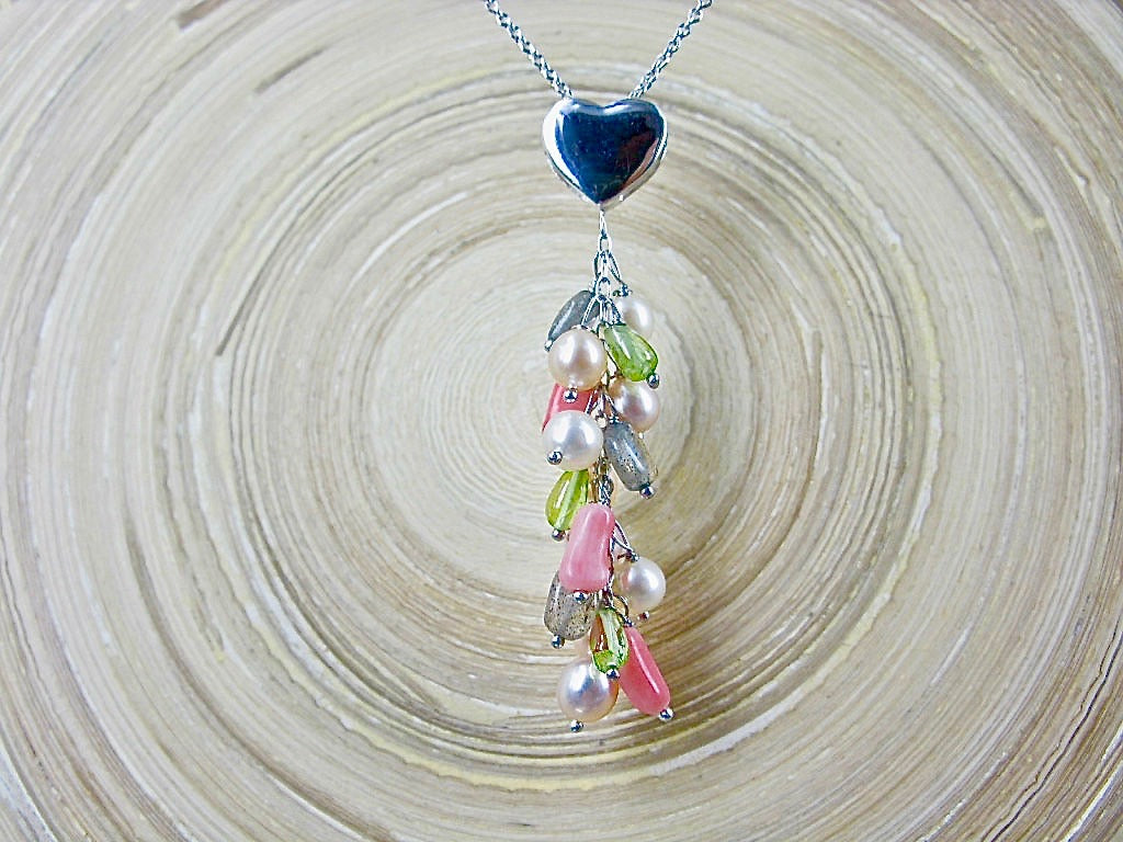 Pearl Multi Gemstone Heart 925 Sterling Silver Necklace