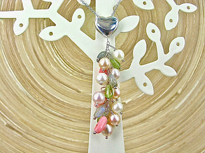 Pearl Multi Gemstone Heart 925 Sterling Silver Necklace