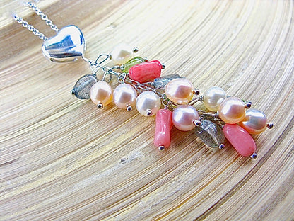 Pearl Multi Gemstone Heart 925 Sterling Silver Necklace