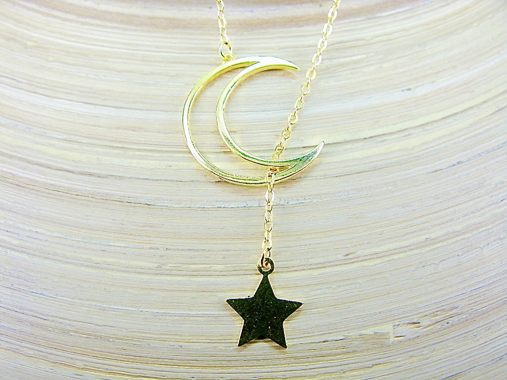 Crescent Moon Dangling Star Gold Plated Sterling Silver Pendant Necklace