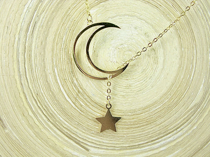 Crescent Moon Dangling Star Gold Plated Sterling Silver Pendant Necklace