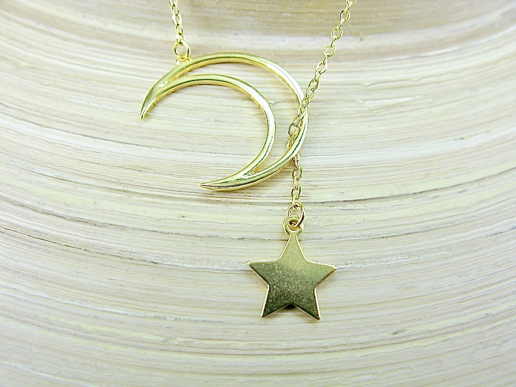 Crescent Moon Dangling Star Gold Plated Sterling Silver Pendant Necklace