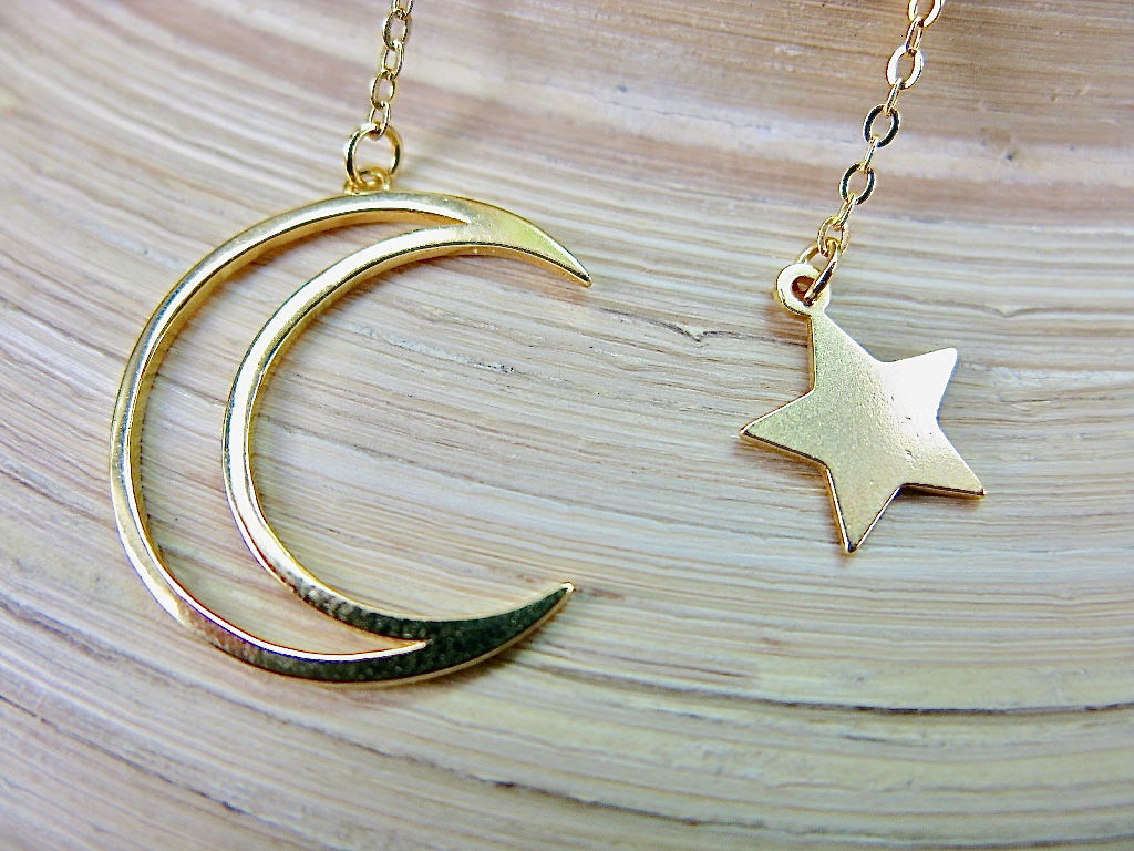 Crescent Moon Dangling Star Gold Plated Sterling Silver Pendant Necklace