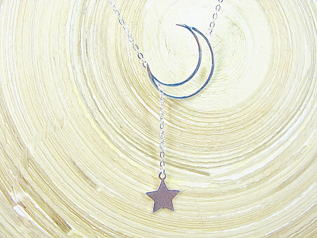 Crescent Moon Dangling Star Sterling Silver Pendant Necklace