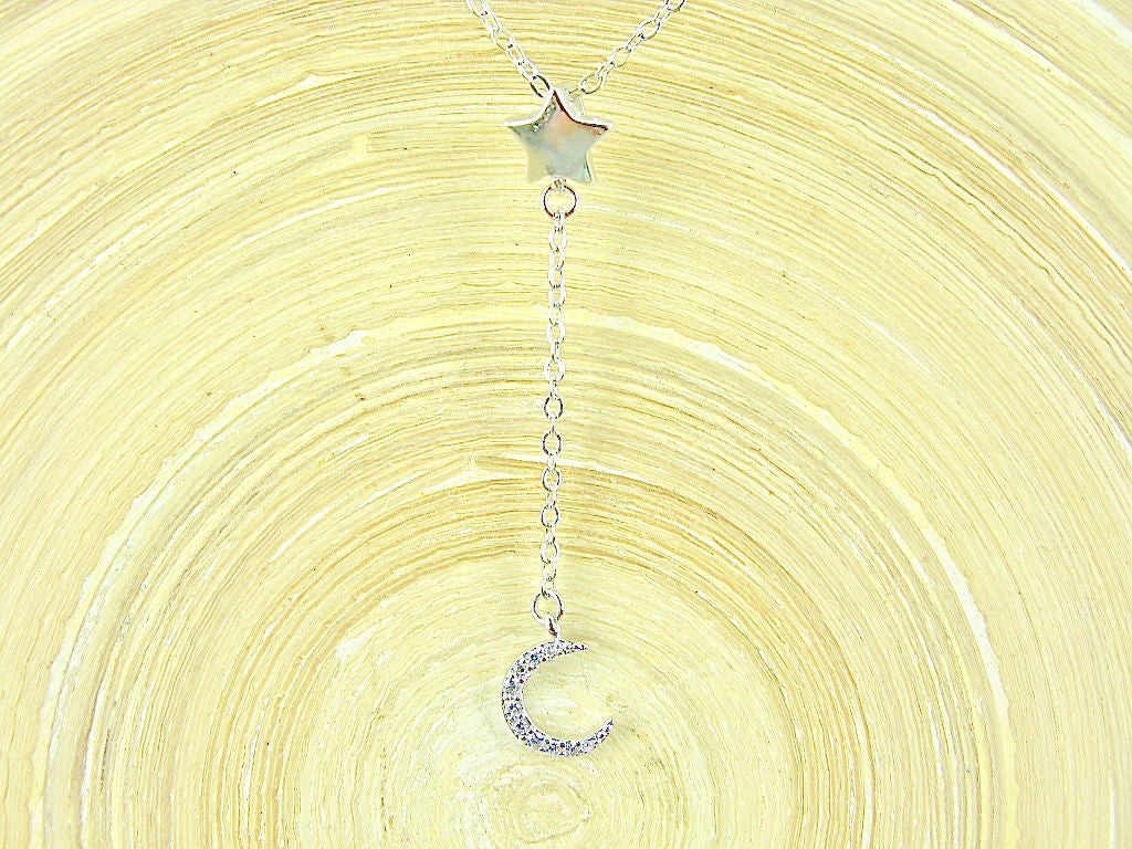 Star Dangling Crystal Crescent Moon Sterling Silver Pendant Necklace
