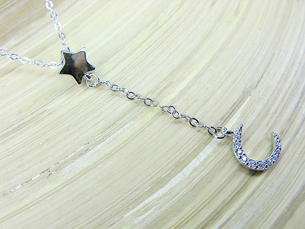 Star Dangling Crystal Crescent Moon Sterling Silver Pendant Necklace