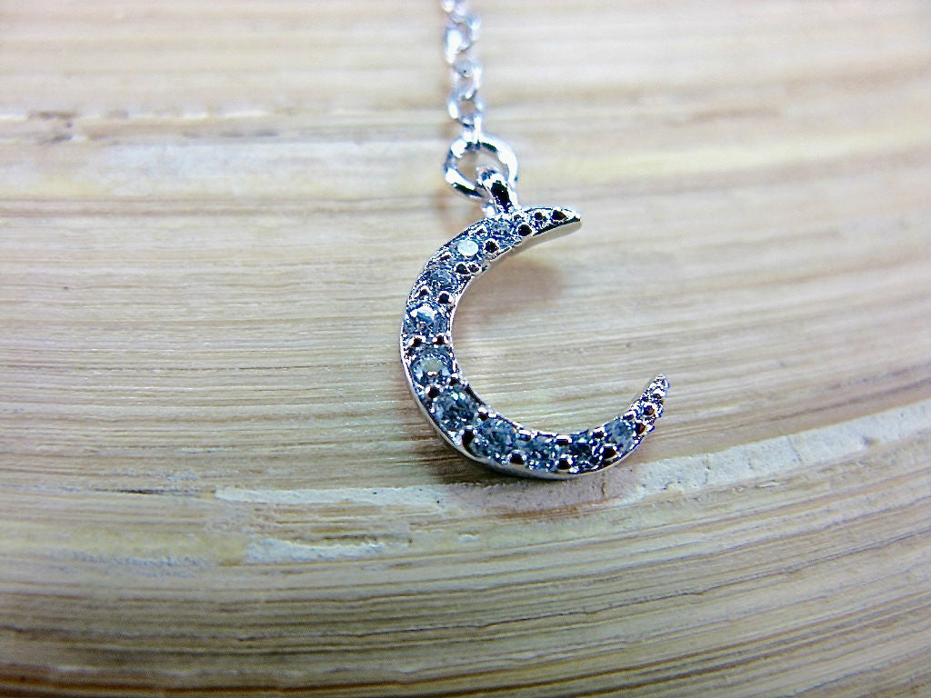 Star Dangling Crystal Crescent Moon Sterling Silver Pendant Necklace