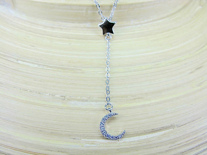 Star Dangling Crystal Crescent Moon Sterling Silver Pendant Necklace