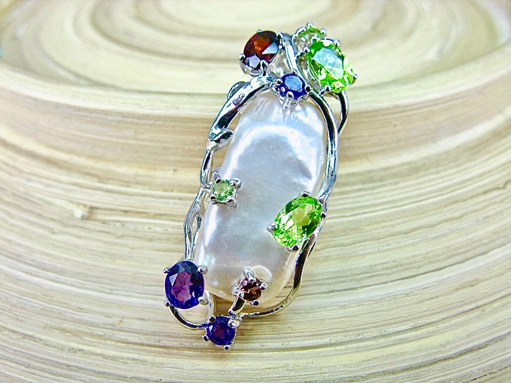 Baroque Pearl Multi Gemstone 925 Sterling Silver Pendant