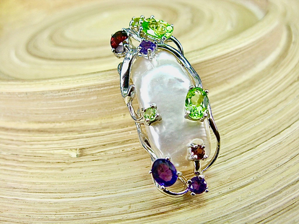 Baroque Pearl Multi Gemstone 925 Sterling Silver Pendant