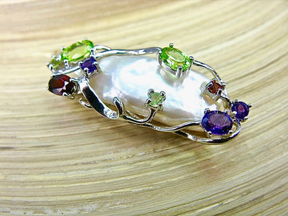 Baroque Pearl Multi Gemstone 925 Sterling Silver Pendant