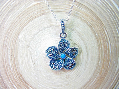 Flower Marcasite Turquoise 925 Sterling Silver Pendant