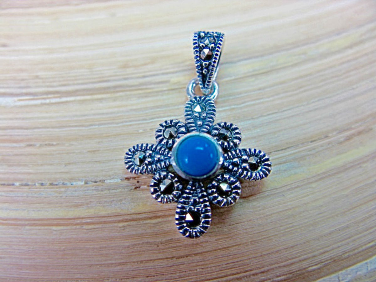 Flower Marcasite Turquoise 925 Sterling Silver Pendant
