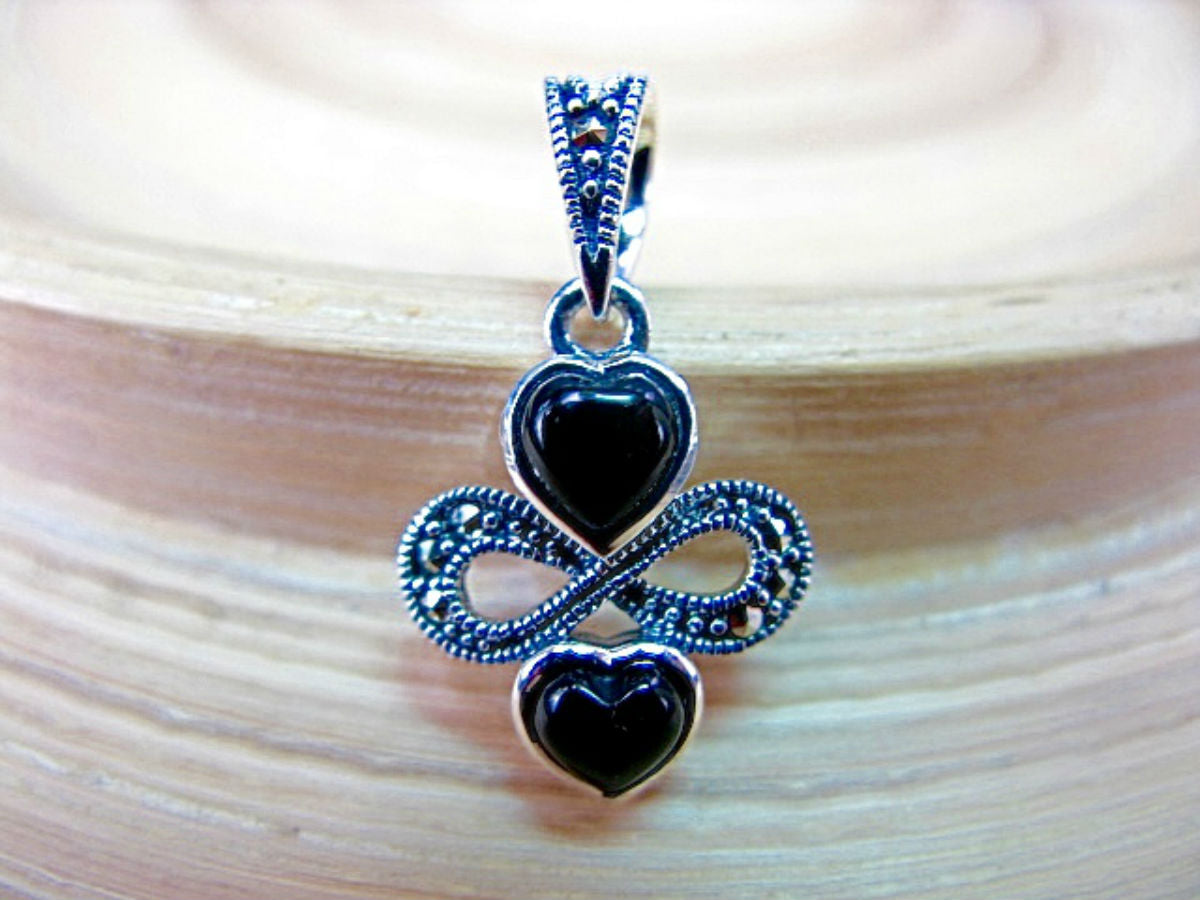 Double Hearts Onyx Marcasite 925 Sterling Silver Pendant