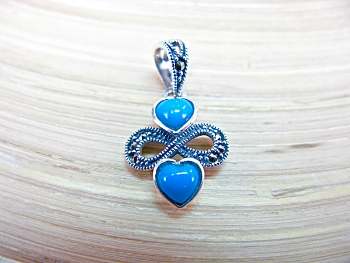 Double Hearts Turquoise Marcasite 925 Sterling Silver Pendant