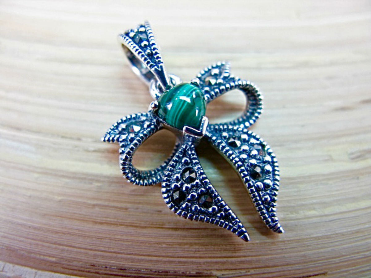 Ribbon Bow Marcasite Malachite 925 Sterling Silver Pendant