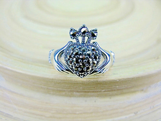 Large Claddagh Marcasite Heart Ring in 925 Sterling Silver