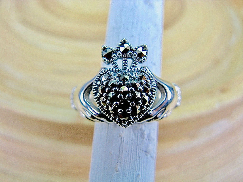 Large Claddagh Marcasite Heart Ring in 925 Sterling Silver
