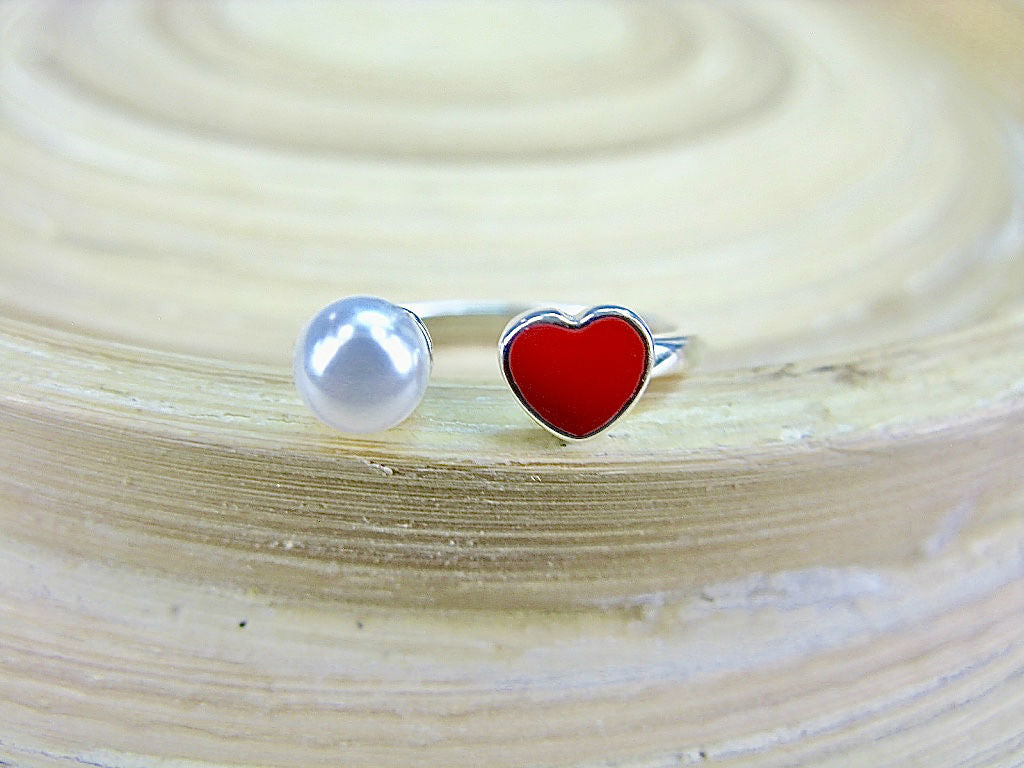 Red Heart Pearl Ring in 925 Sterling Silver